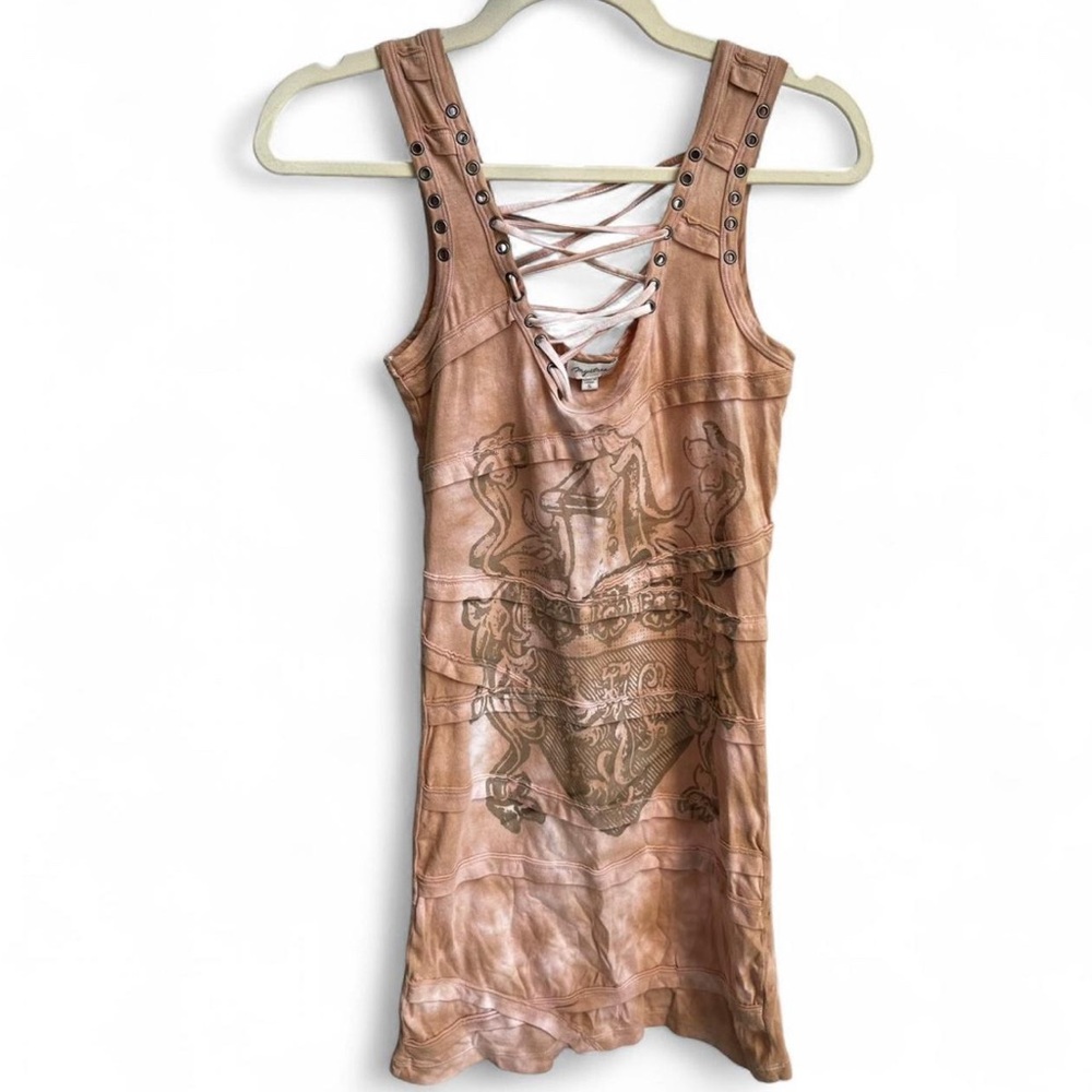 Mystree Y2K Tattoo Dress Small Biker Moto Grunge Printed Grommets Layers Lace Up